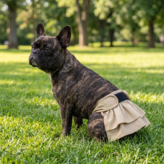 Bouledogue français en culotte hygiénique beige, assis dans l'herbe