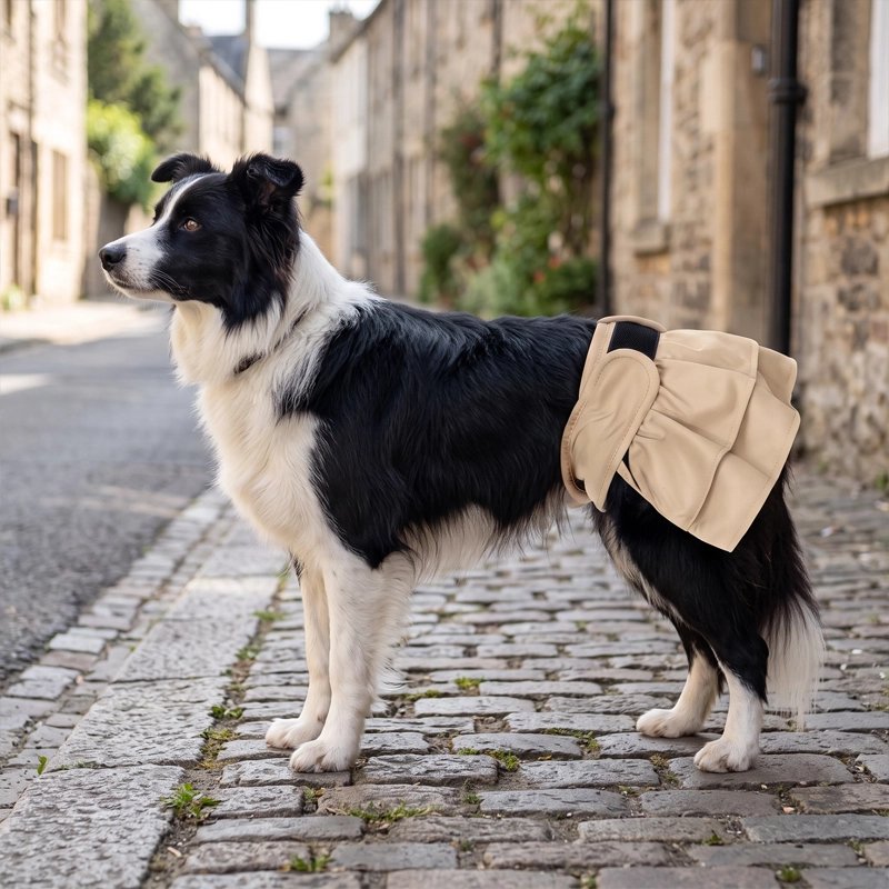 Border collie en culotte hygiénique beige dans une rue pavée