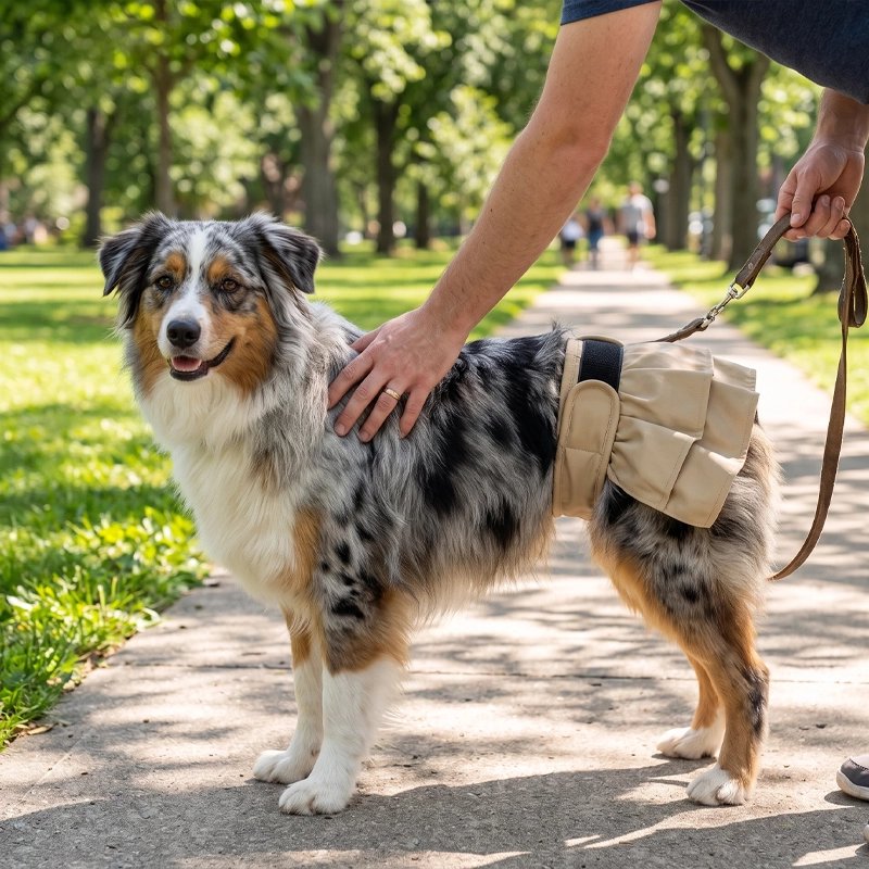 Berger australien portant la culotte hygiénique beige en promenade