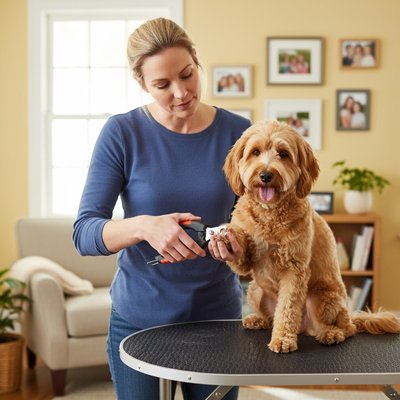 Femme coupant les griffes d'un chien au poil bouclé sur une table de toilettage
