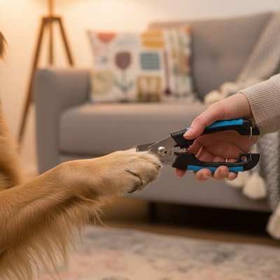 Pince bleue et noire tenue en main pendant la coupe d'une griffe de golden retriever