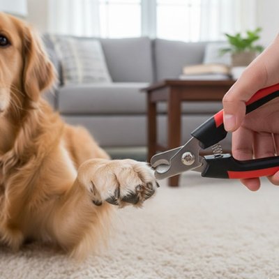 Coupe-griffe pour chien rouge et noir utilisé sur la patte d'un golden retriever