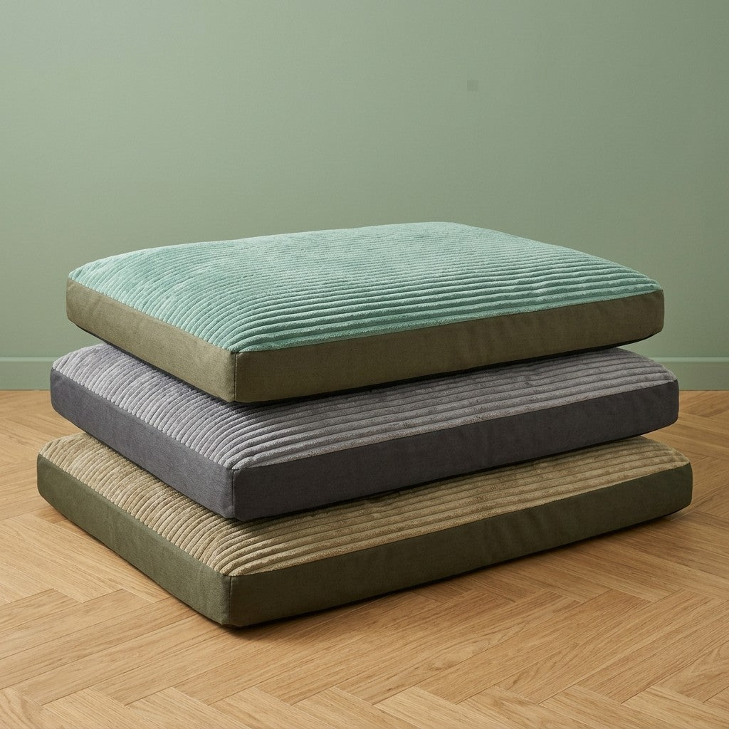 Coussin pour chien en velours côtelé, coloris vert, gris et kaki, empilés sur un parquet