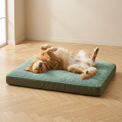Golden Retriever endormi sur le dos sur le grand coussin vert en velours côtelé