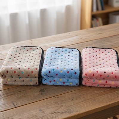 Couverture pour chien pliée en 3 coloris : gris, bleu et rose