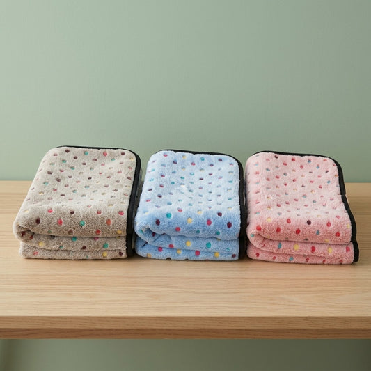 Couverture pour chien en peluche à pois, coloris gris, bleu et rose, pliées sur une étagère