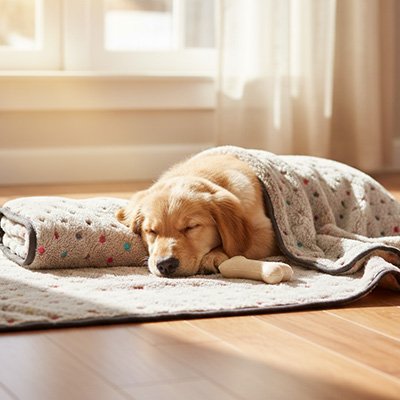Couverture pour chien grise avec un chien endormi près de la fenêtre