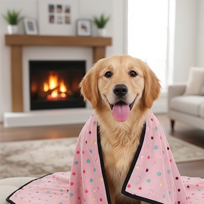 Golden retriever enveloppé dans un plaid rose près de la cheminée (grandes tailles sur demande)