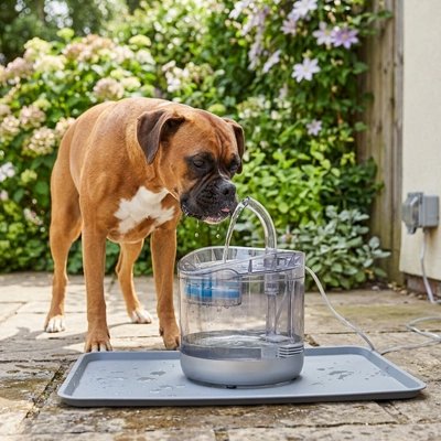 Fontaine à eau transparente pour chien, un boxer boit au robinet dans le jardin