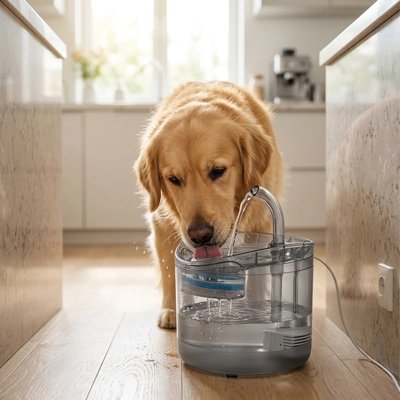 Golden retriever buvant au robinet d'une fontaine transparente dans la cuisine