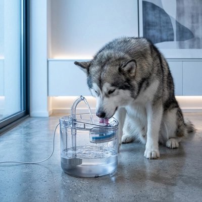 Husky buvant à une fontaine transparente de 2 litres au salon