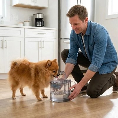 Homme installant la fontaine transparente pour son spitz