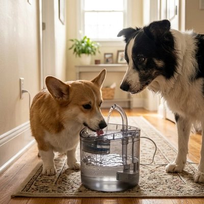 Corgi buvant à une fontaine transparente sous le regard d'un border collie