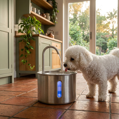 Bichon frisé qui boit à la fontaine en acier inoxydable dans une cuisine