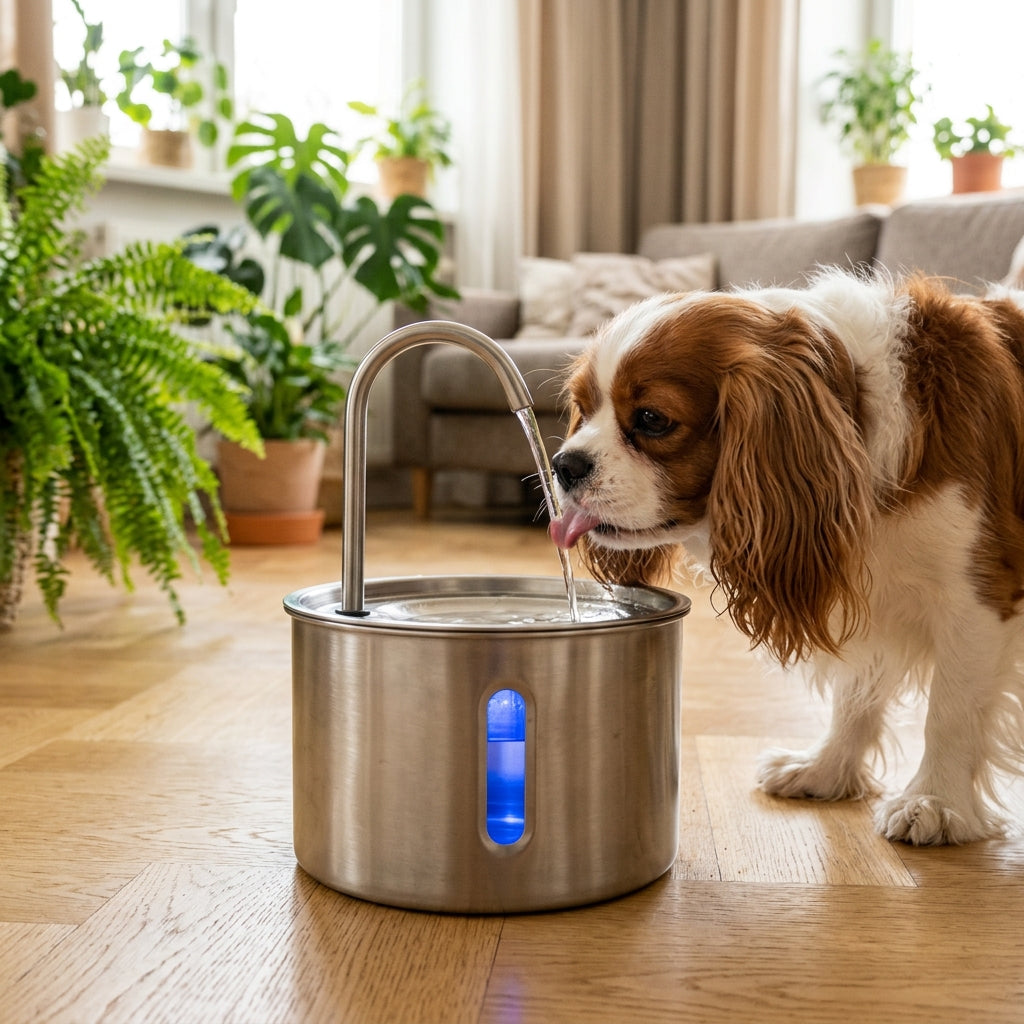 Fontaine à eau inox pour chien avec bec en arc, un Cavalier King Charles boit dans un salon