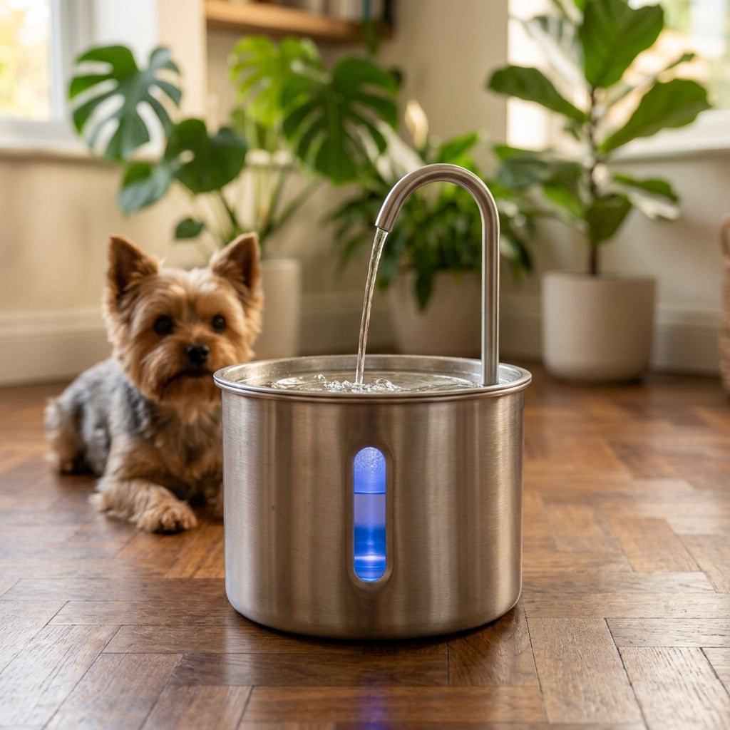 Cuve ronde en acier inoxydable avec fenêtre de niveau bleue, un Yorkshire couché derrière