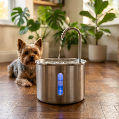 Cuve ronde en acier inoxydable avec fenêtre de niveau bleue, un Yorkshire couché derrière