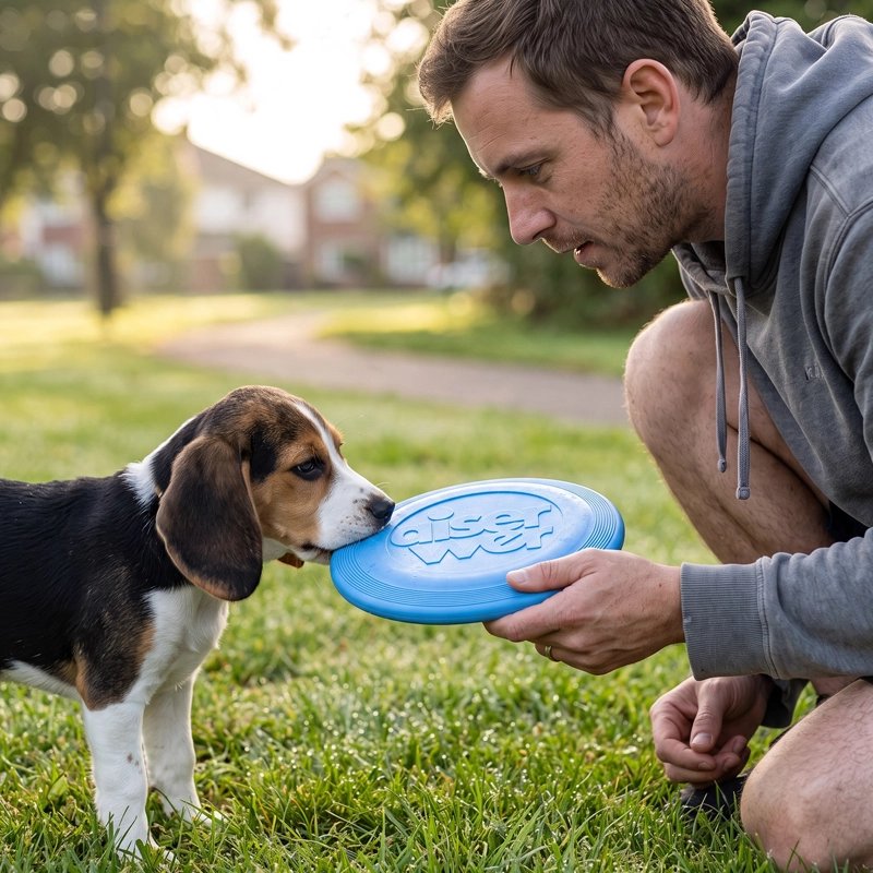 Chiot jouant avec un frisbee bleu dans l'herbe