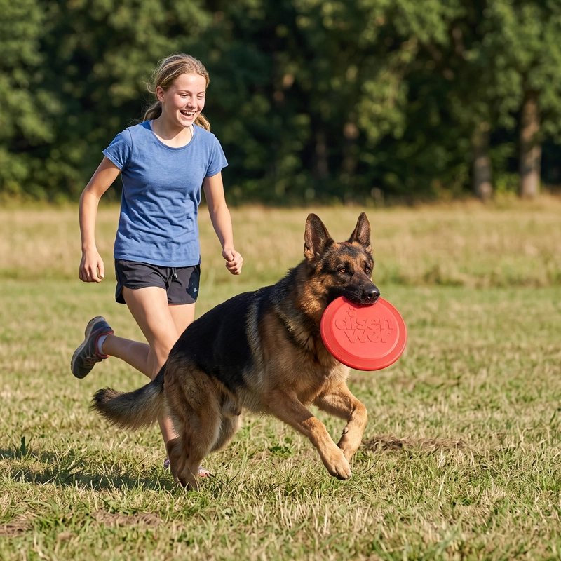 Chien courant avec un frisbee rouge dans la gueule