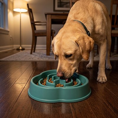 Labrador cherchant ses croquettes dans un bol labyrinthe vert