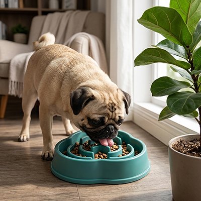 Carlin mangeant dans un bol labyrinthe vert près d'une plante