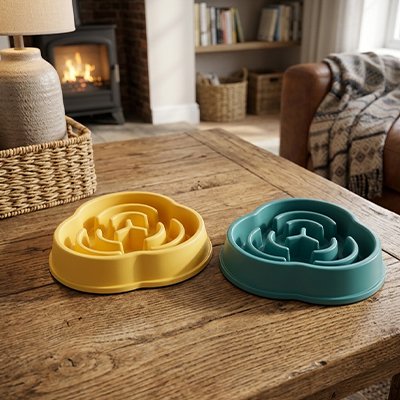 Gamelle anti-glouton pour chien jaune et verte posées sur une table