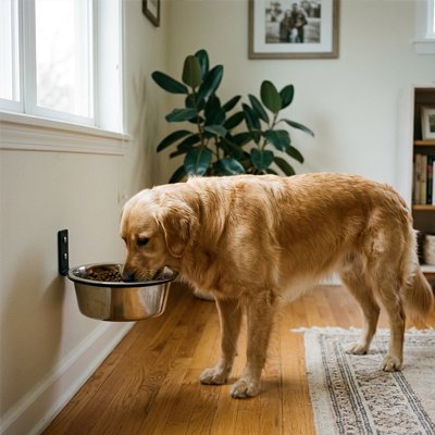 Golden retriever mangeant dans un bol fixé au mur du salon