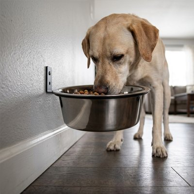 Gamelle murale pour chien en inox, un labrador mange dans le bol fixé au mur