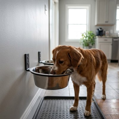 Chien roux mangeant dans un bol fixé au mur, deux anneaux côte à côte