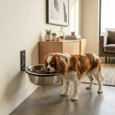 Cavalier king charles mangeant dans un bol en inox fixé au mur