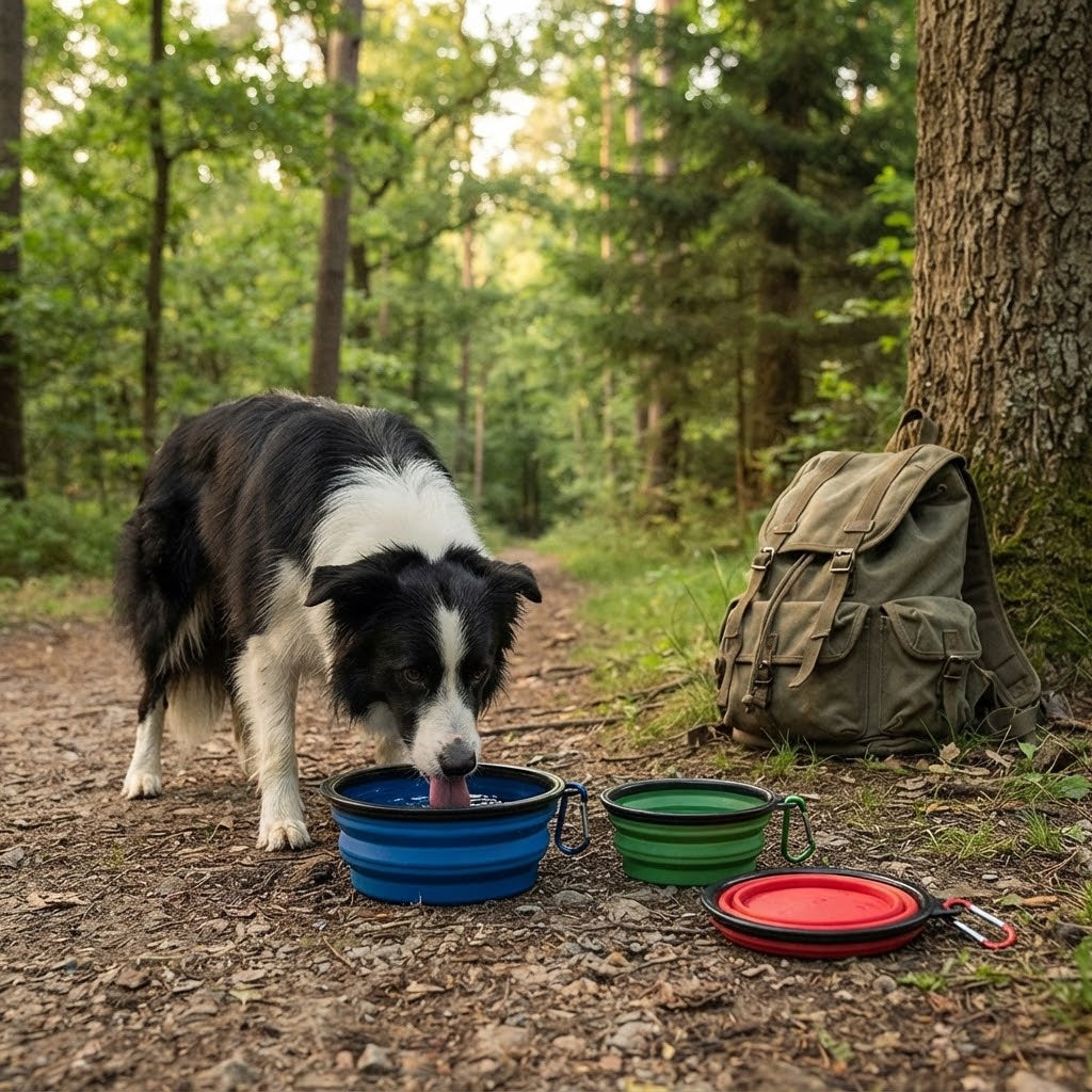 Border Collie qui boit dans un bol pliable bleu sur un sentier de forêt, à côté d'un sac à dos
