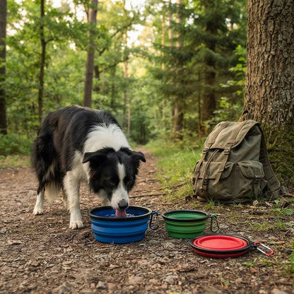 Border Collie qui boit dans un bol pliable bleu sur un sentier de forêt, à côté d'un sac à dos