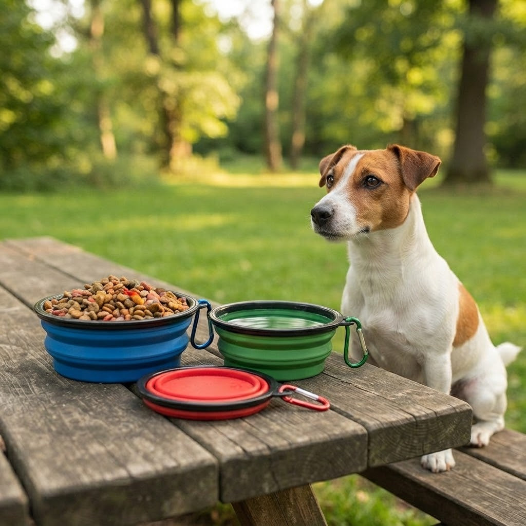 Jack Russell assis près d'une table de pique-nique avec trois bols pliables remplis d'eau et de croquettes