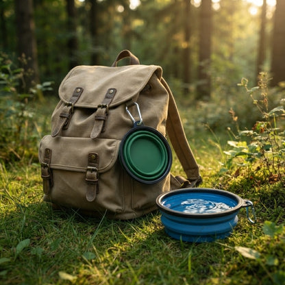 Bol vert replié accroché par son mousqueton à un sac à dos de randonnée, bol bleu rempli d'eau dans l'herbe