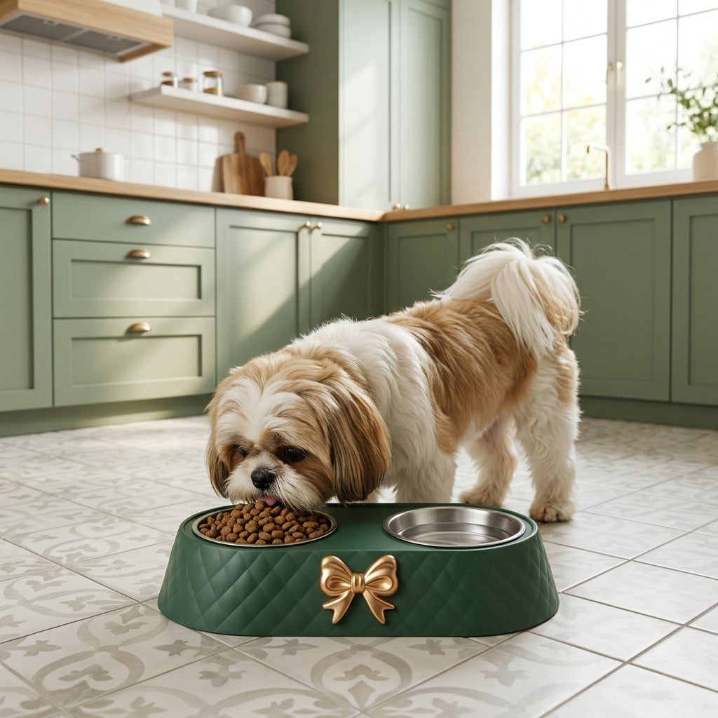 Shih Tzu mangeant ses croquettes dans la gamelle double verte, dans une cuisine vert sauge