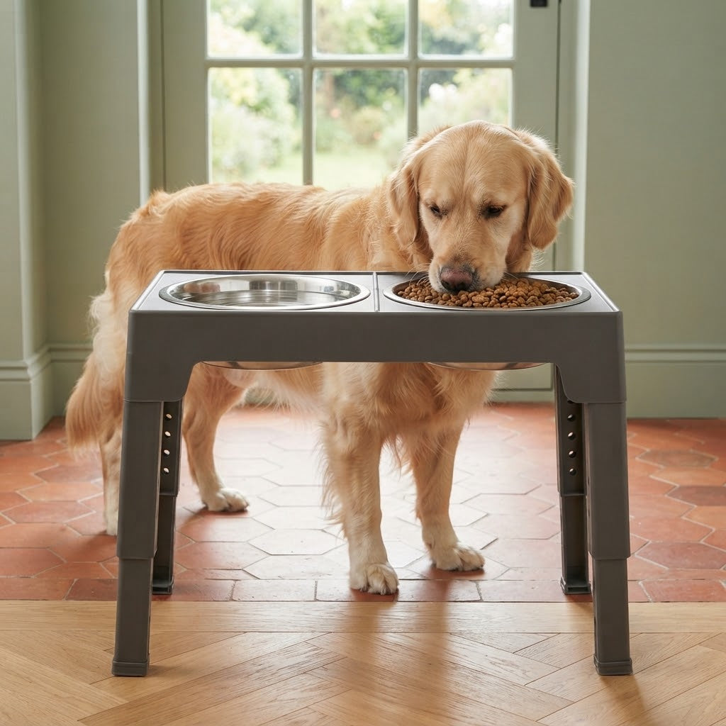 Golden Retriever qui mange dans la gamelle grise réglée en position haute