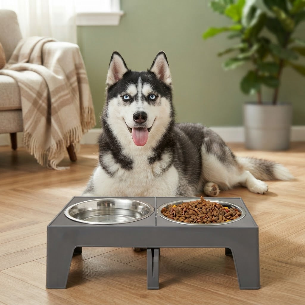 Husky aux yeux bleus couché derrière la gamelle grise réglée en position basse