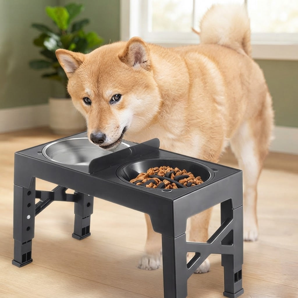 Gamelle surélevée pour chien grise avec bol anti-glouton et bol en inox, un Shiba Inu mange ses croquettes