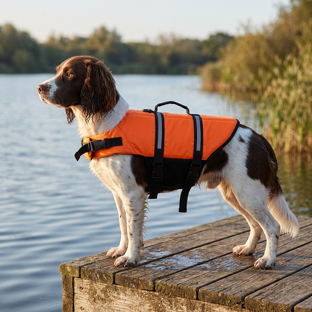 Gilet de sauvetage pour chien orange avec poignée porté par un Springer sur un ponton