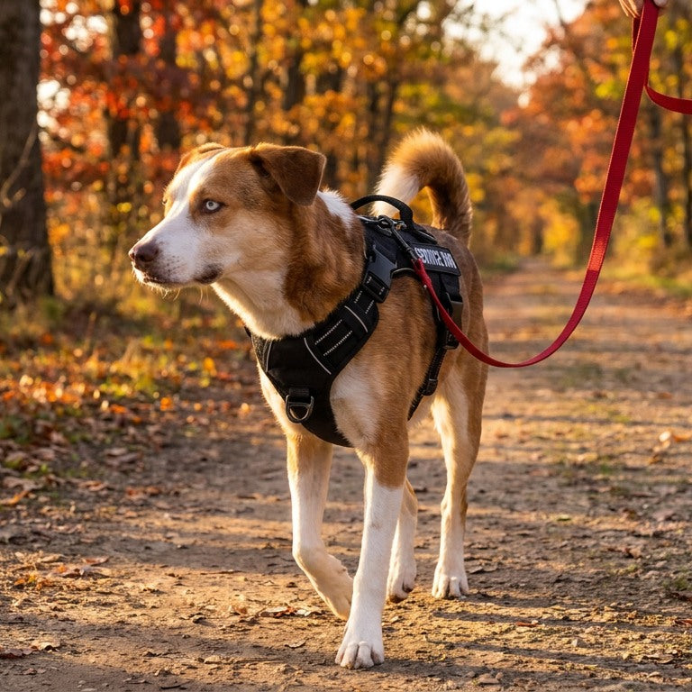 Chien roux et blanc en promenade sur un chemin d'automne avec le harnais noir et une laisse rouge