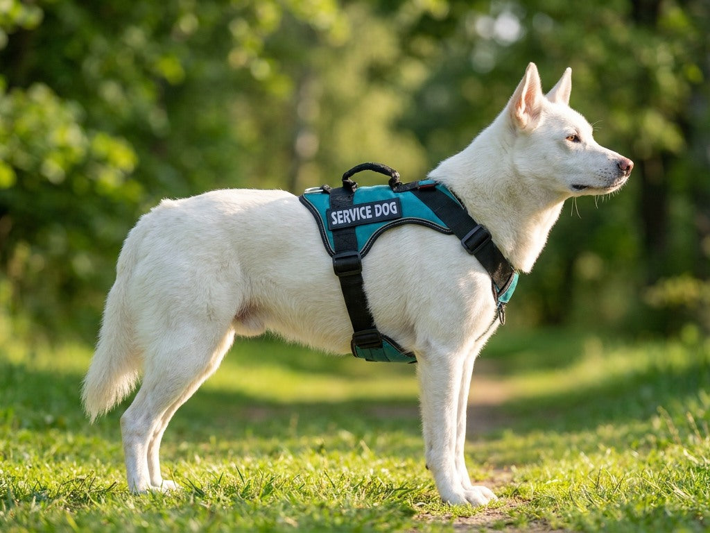 Chien blanc debout de profil dans un parc avec le harnais turquoise à poignée