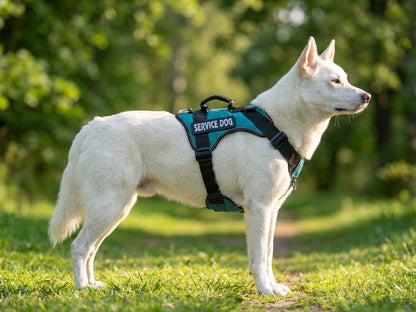 Chien blanc debout de profil dans un parc avec le harnais turquoise à poignée