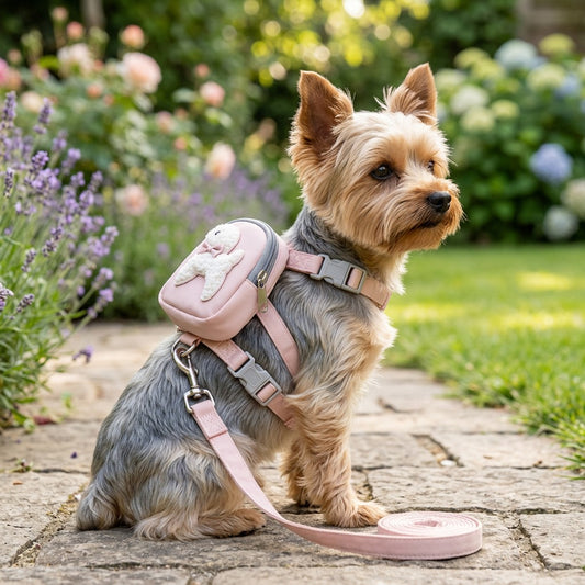 Harnais pour chien avec sac à dos rose porté par un Yorkshire, laisse rose assortie