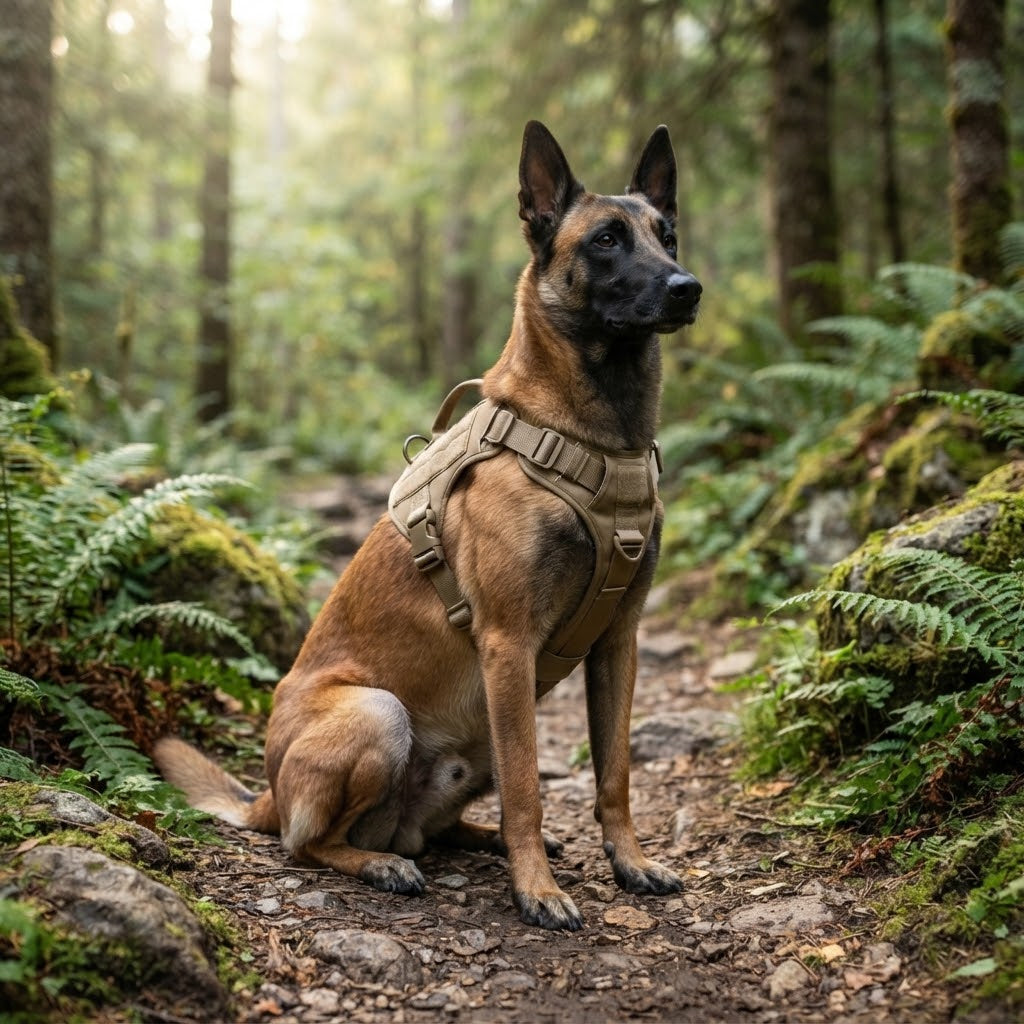 Malinois assis sur un sentier en forêt portant le harnais tactique beige