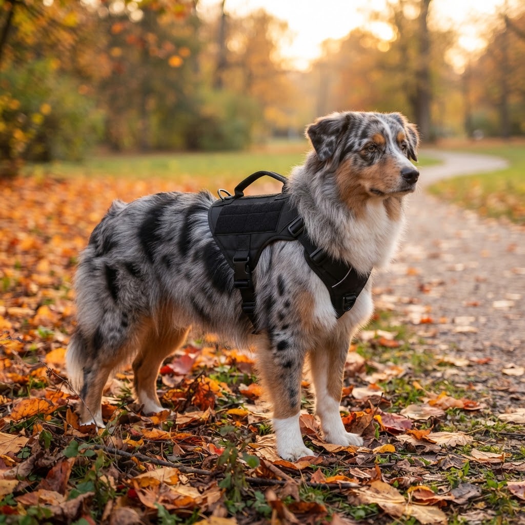 Harnais tactique pour chien noir porté par un berger australien dans un parc en automne