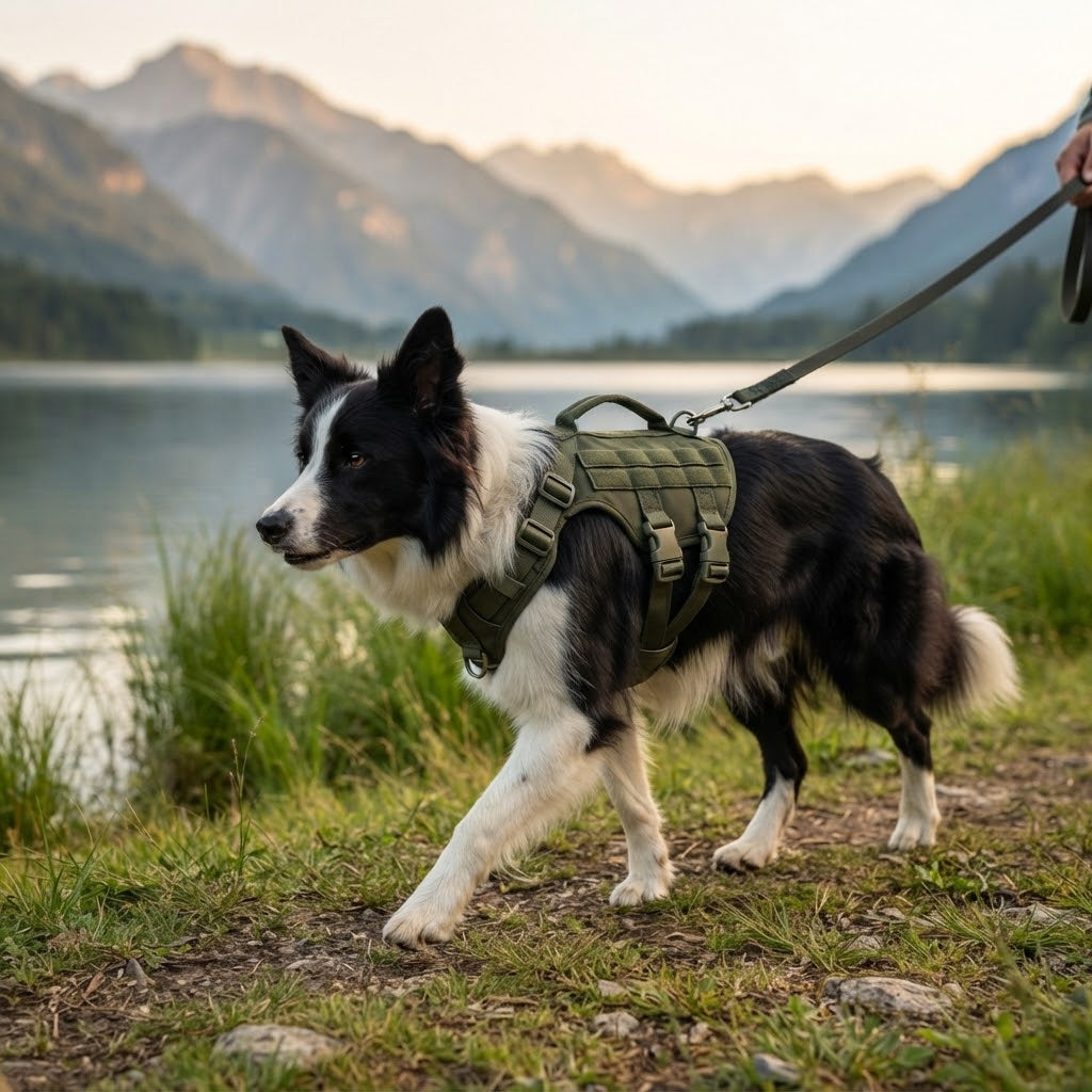 Border collie en laisse au bord d'un lac portant le harnais tactique vert armée