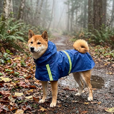 Chien en imperméable bleu à capuche en forêt