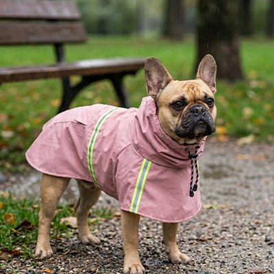 Bouledogue français en imperméable rose avec bandes réfléchissantes