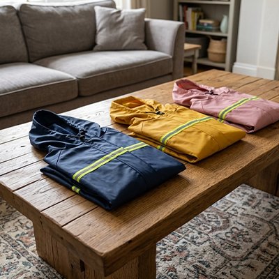 Imperméables pour chien bleu, jaune et rose pliés sur une table