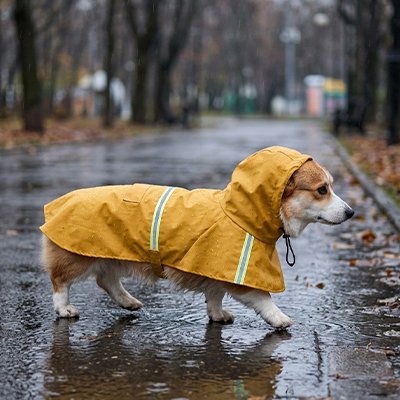 Chien en imperméable jaune à capuche sous la pluie